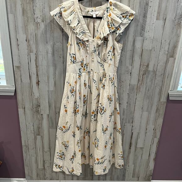 LC Lauren Conrad Dresses & Skirts - LC Lauren Conrad Cream Floral Girly Ruffle Cottagecore Prairie Midi Dress Medium